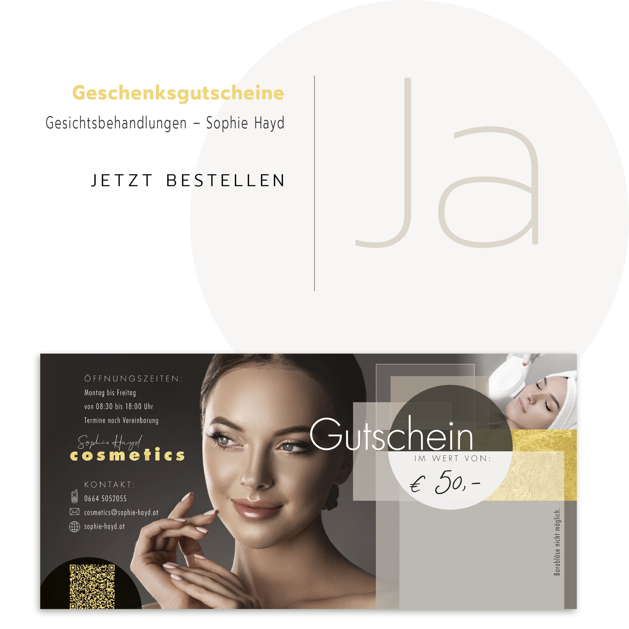 Geschenkgutschein für Gesichtsbehandlungen mit einem Bild einer Frau und Kontaktdaten.